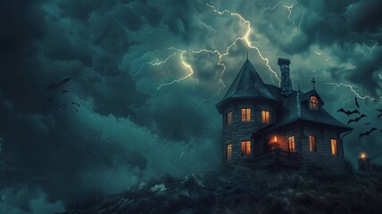 Wall Mural - Abandoned Haunted Hilltop Mansion at Night During Storm with Bats and Lightning