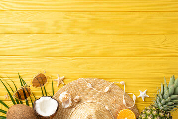 Wall Mural - Beach vibes captured: Top-view shot of sunhat, shades, juicy tropical fruits, island trinkets, palm frond, seashells, starfish on vibrant wooden backdrop, leaving space for personalized message or ads