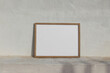 Minimal empty horizontal, wooden frame picture mockup against white old textured white wall in sunlight. A4, A3, A2 poster template. Neutral Summer background with light, shadows. Mediterranean design