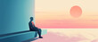 Illustration featuring man sitting on bench looking at the sky thinking