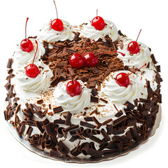 A vanilla cake with whipped cream, chocolate And cherries