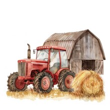 Clipart Of A Vintage Tractor In Front Of A Hay Barn Watercolor Nostalgia And Farm Life