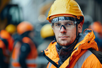 construction worker wearing a yellow safety helmet and orange high visibility jacket