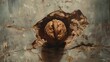 Walnut in the shell on the background of a cracked wall