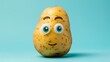 Smiling potato with eyes and mouth on a blue background with copy space