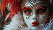 Venetian carnival mask with red lips, close-up