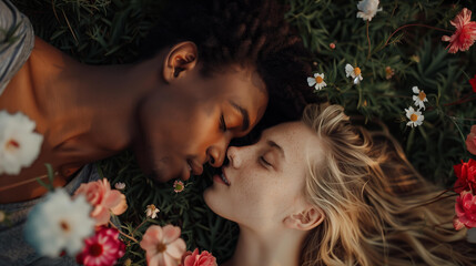  top view of young  diverse couple lying on the grass with flowers, their faces close together as they gaze each other's eyes with love and affection. The man is black ,while his girlfriend is blonde