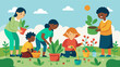 Children and adults planting flowers and vegetables in a community garden showcasing the importance of selfsustainability within the community.. Vector illustration