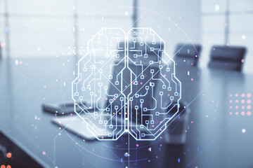 Poster - Creative artificial Intelligence concept with human brain hologram on modern laptop background. Multiexposure