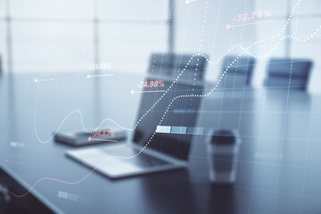 Poster - Double exposure of abstract creative statistics data hologram on laptop background, statistics and analytics concept