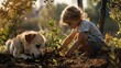 A child planting a tree sapling alongside a curious dog sniffing the soil