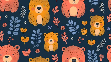 Wall Mural - baby animal cute bear cup with flower blossom, seamless pattern  nursery design cartoon style illustration with grungy texture, Generative Ai