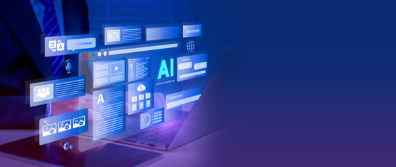 Wall Mural - Artificial Intelligence Content Generator. A man uses a laptop to interact with AI assistant. AI offers functions like chatbot, generate images, write code, writer bot, translate and advertising.