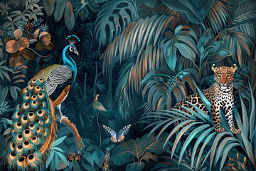 Wall Mural - Mural of a Jungle, tropical illustration. Fantasy animals, birds in enchanted fairy tale jungle. Amazon forest with fabulous peacock, leopard, wallpaper for kids room. 