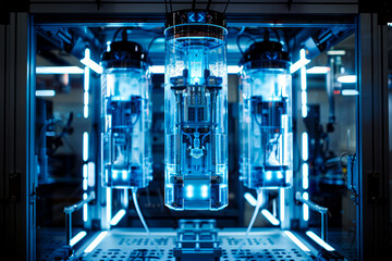 Wall Mural - AI Futuristic Machine: Cyber Blue Three in a Dark Room - Top-Down Photography in a Professional Studio with Translucent Glass and Cinematic Lighting