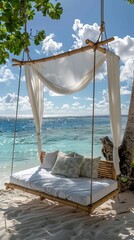 Wall Mural - wooden swing with a mattress and pillows under a canopy on the tropical beach