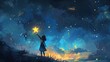 © Sak - A young child in a red coat reaches out to touch a bright star amid a whimsical, starry night sky filled with fantastical shapes and colors, Digital art style, illustration painting.