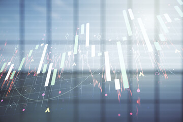 Poster - Abstract virtual financial graph hologram on empty corporate office background, forex and investment concept. Multiexposure