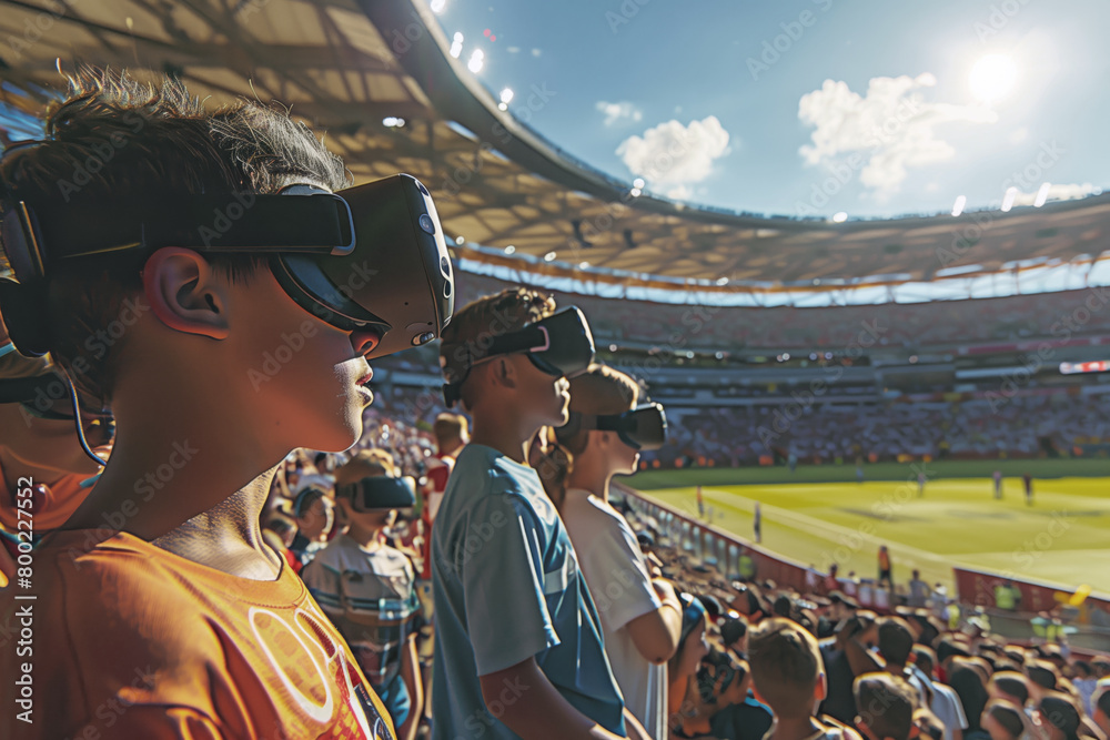 A group of children, wearing casual attire, stand on the sidelines of a football stadium, fully engaged in a virtual reality experience. 
