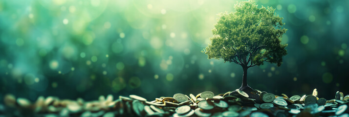 A tree with falling coins against a blurred digital background embodies financial success, revenue streams, and the digital economy