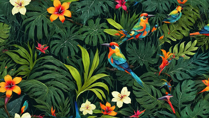 Wall Mural - Seamless pattern background influenced by the organic forms and vibrant colors of tropical rainforests with colorful birds and flowers