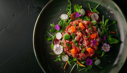 Wall Mural - Fine dining Japanese restaurant presents a top view of a beef tartare salad with a green round plate raw beef onions carrots and flowers set on a black reflect