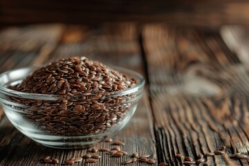Wall Mural - Flax seeds in glass bowl on wooden surface in close up