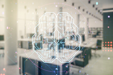 Poster - Double exposure of creative human brain microcircuit hologram on a modern furnished office interior background. Future technology and AI concept