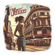 A woman is standing on a street in Vienna. The city is bustling with activity, and the woman is wearing a tank top and jeans. The image has a vintage feel to it