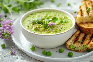 Wall Mural - Green pea cream soup with pea shoots bacon slices grilled bread Focus on white table Vegetarian option