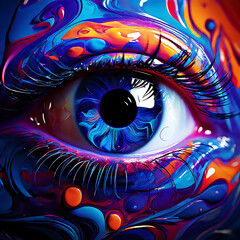 Wall Mural - Enigmatic forms sway within a vivid enigma. Eyes, hearts, and ethereal energies intertwine. Evoking the essence of the spirit realm. A mesmerizing fusion of psychedelic and surreal art, perfect for wa