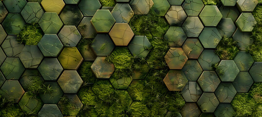 Wall Mural - An aerial view of a surface covered in hexagonal tiles that blend colors like moss green and earthy brown, creating a lush, organic tapestry.