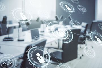 Poster - Double exposure of social network icons hologram on a modern furnished office interior background. Networking concept