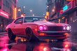 Vintage car gleams under neon lights on a street, showcasing classic style and timeless design