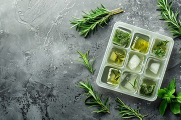 Wall Mural - Ice cube tray with frozen herbs in oil and fresh rosemary on grey table flat lay with room for text