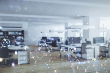 Poster - Abstract virtual wireless technology hologram on a modern furnished classroom background, artificial intelligence and machine learning concept. Multi exposure