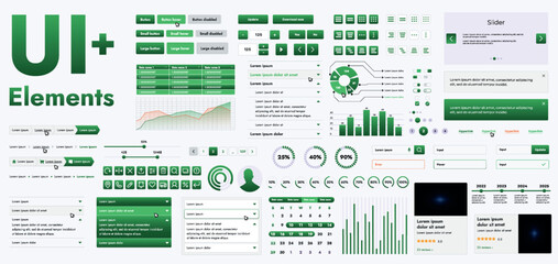 A set of modern green web interface elements designed for the development and design of websites and mobile applications. Includes buttons, icons, navigation elements, slyder, forms.