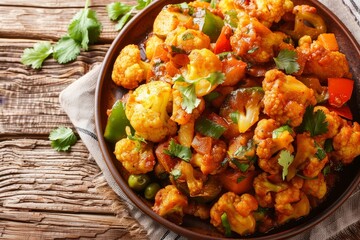Indian dish Gobi Aloo with cauliflower and veggies on a plate Top view