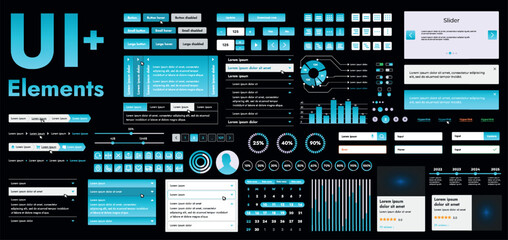 Fototapete - A set of modern turquoise web interface elements designed for the development and design of websites and mobile applications. Includes buttons, icons, navigation elements, slyder, forms.