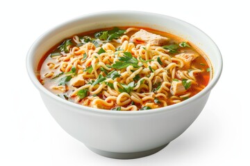 Wall Mural - Instant chicken noodle Soup in a bowl on white background isolated with clipping path