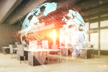Poster - Double exposure of abstract digital world map hologram on a modern furnished office interior background, big data and blockchain concept