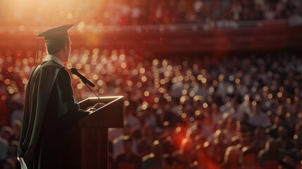 Young man in graduation gown and cap giving speech at the podium on stage against blurred crowd of people during festive university or college warmth, lens flare, sunset light, high resolution.