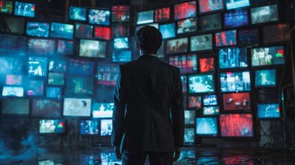 Poster - Businessman in the back is watching various media on the wall, including TV monitors and online advertisements - illustrating the modern communication and technology in businesses.