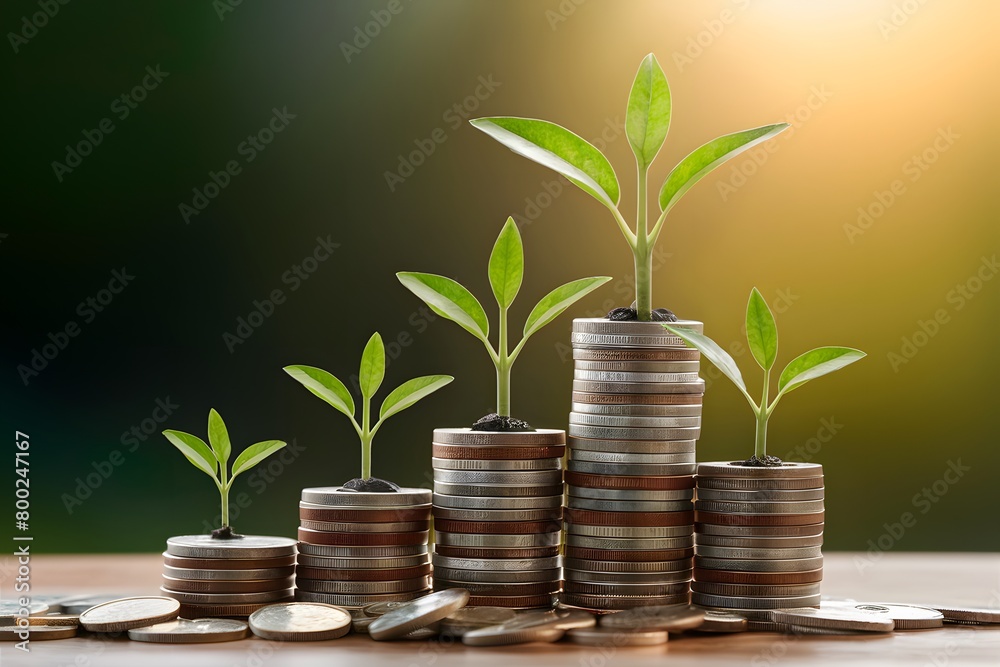 Coins stacked with plants growing, symbolizing financial and natural ...