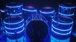 Set of drums lit by blue neon, 3D model, vividly detailed, eyelevel perspective