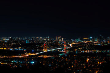 Wall Mural - View of all Istanbul and the 15 July Martyrs Bridge in night lights.