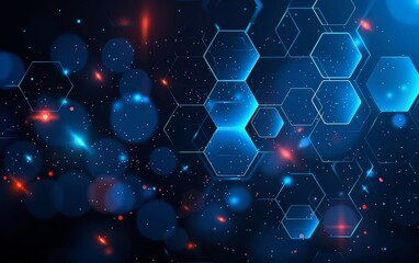 Poster -  futuristic geometric design with abstract blue hexagon patterns on a modern technology-themed background.