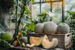 Japanese melons on wooden box in greenhouse favorite summer fruit Food fruit healthcare concept