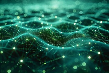 Poster - Blue and green digital tech backdrop showcasing a cyber network grid with interconnected particles. Advanced artificial neurons and worldwide data links - Next-generation AI technology