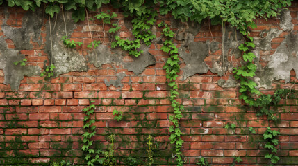 Lush green vines spread across an ancient red brick wall, depicting nature's reclaim over man-made structures